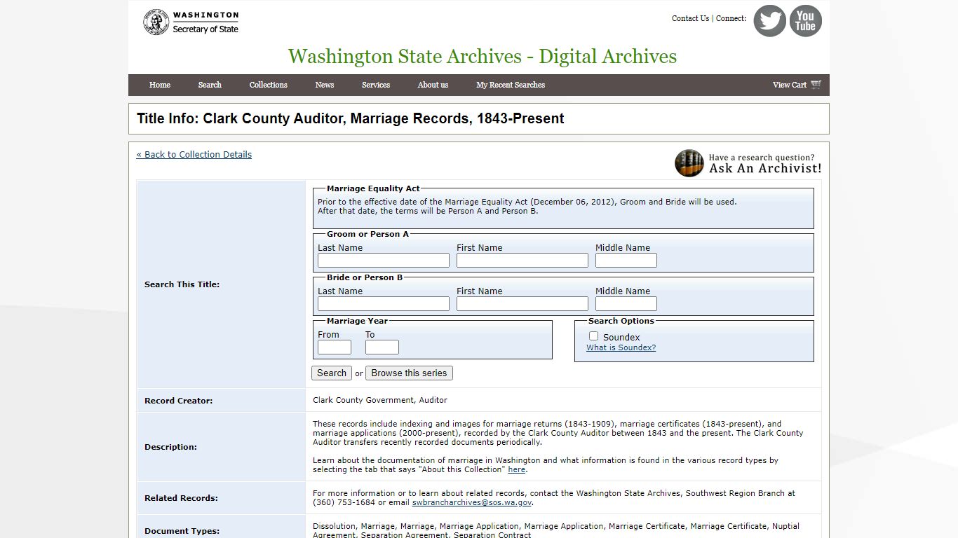 Title Info: Clark County Auditor, Marriage Records, 1843-Present